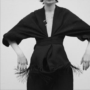 Zara Black Fringe Robe with Tie Belt